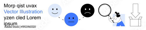 Emotional states, feedback analysis, decision-making, problem-solving, user experience, and research. happy faces progressing to sad, magnifying glass and downward arrow. Emotional states