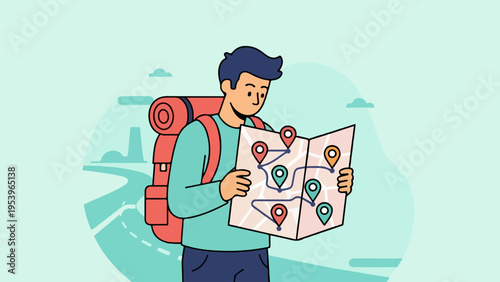 Young traveler consulting a map with destination markers, planning an adventure, and exploring new places
