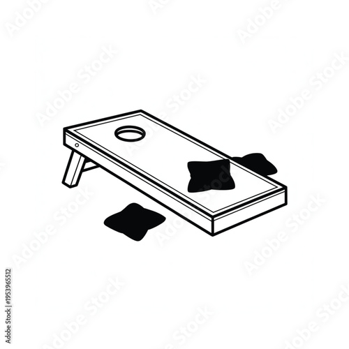 A black and white illustration of a cornhole game with bean bags