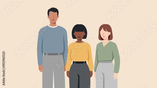 Modern flat illustration portraying a diverse group of individuals standing together, representing varied human demographics and community in a simple, inclusive design
