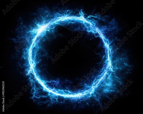 An artistic ring of electric energy against a black background. The luminous electric circle has a vibrant blue glow