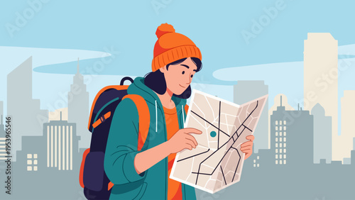 Young woman with backpack holding and looking at a city map with buildings in the background