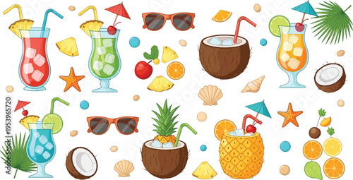 Tropical summer cocktails collection with pineapple coconut citrus drinks sunglasses shells and beach elements flat vector illustration set