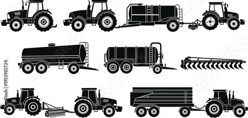 Agricultural tractor and trailer equipment silhouette set isolated illustration, farming machinery collection for transport, irrigation, soil cultivation, and rural 