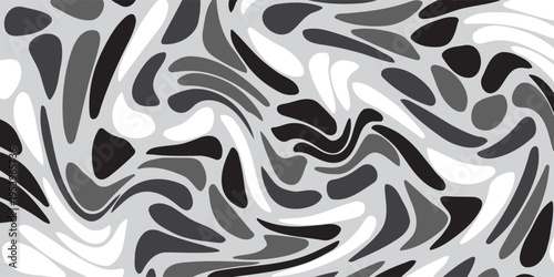 A dynamic and fluid pattern featuring a mix of gray and white, creating an abstract design with swirling lines and organic, amoeba-like shapes.