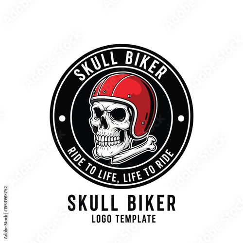 Dynamic Biker Skull Wearing Classic Red Helmet with Crossed Bone Vector Graphic Emblem