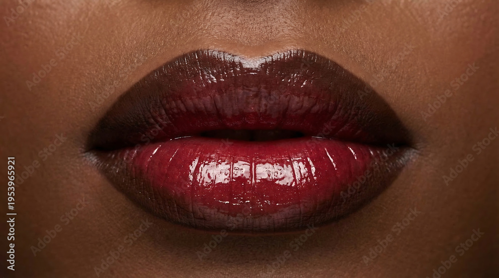 Fototapeta premium Full lips with glossy dark red lipstick, close-up fashion portrait emphasizing shine and texture.