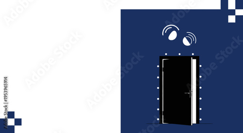 Minimalist Vector Illustration of a Smart Door with Glowing Blue Lights and Surveillance Eye Symbols, Concept of Digital Security and Secret Entryway
