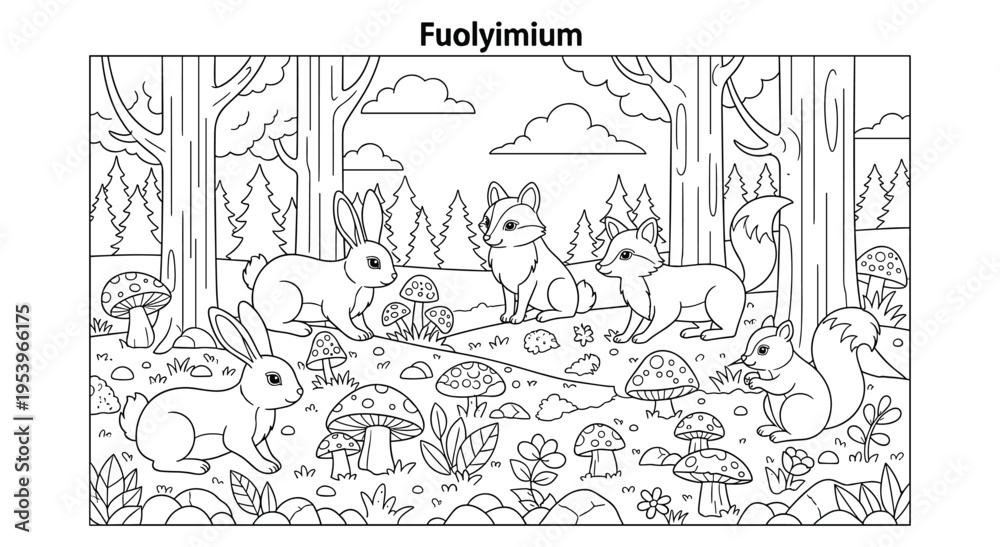 Fototapeta premium Forest coloring page with bunnies, foxes, and squirrels foraging for mushrooms