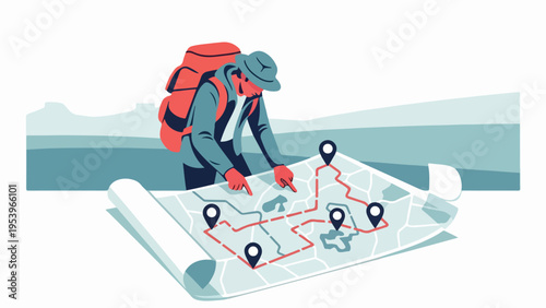 Adventurous traveler meticulously plans an exciting journey, studying a detailed map to pinpoint destinations and chart the perfect route for an unforgettable exploration
