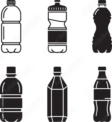 Six different plastic water and soda bottles in black and white