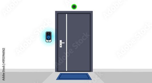 Smart Home Security Entrance Illustration with Video Doorbell and Surveillance Camera