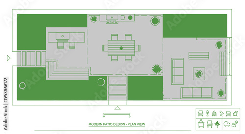Modern Backyard Patio Design Plan View Architectural Drawing with Outdoor Kitchen, Dining Area, and Fire Pit Lounge