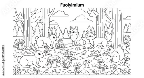 Forest coloring page with bunnies, foxes, and squirrels foraging for mushrooms