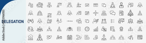 Business delegation and team management line icons vector set