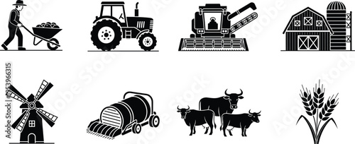 Agriculture icon set featuring farmer, tractor, harvester, barn, windmill, livestock and wheat, black silhouette farming elements collection for rural industry and agribusiness design use