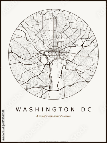 Washington DC map poster design. Street map art of Washington DC United States. Black and white minimalist road network with downtown district for wall art home decor printable urban cartography.