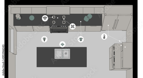 Top View Illustration of a Modern Smart Kitchen Floor Plan with IoT and Home Automation Icons
