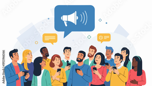Diverse group of people holding smartphones and engaging with digital content, featuring a megaphone icon symbolizing communication and broadcasting