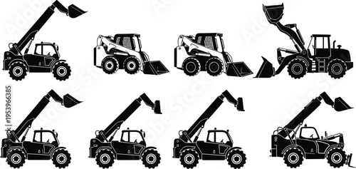 Construction loader and telehandler machinery silhouette collection isolated illustration, including skid steer and front loader equipment for lifting, excavation, and material handling operations