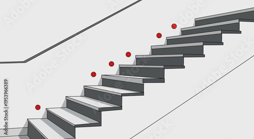 Minimalist Staircase Illustration with Red Goal Markers - Concept for Business Growth, Career Success, and Strategic Planning
