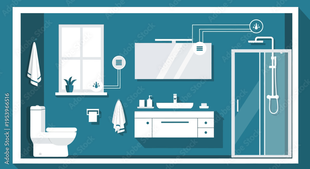 Fototapeta premium Smart Bathroom Interior Illustration with IoT Home Automation and Monitoring Sensors