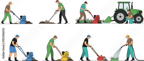 Gardeners using cultivators, watering plants and preparing soil, colorful vector illustration of gardening work, landscaping maintenance and small scale farming equipment in outdoor environment