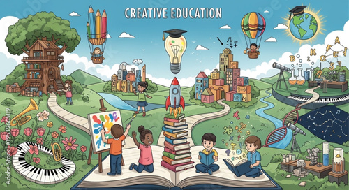 Creative Education Concept with Children Reading and Exploring a World of Knowledge.