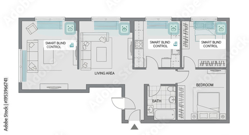 Modern Apartment Floor Plan with Integrated Smart Blind Control System for Home Automation