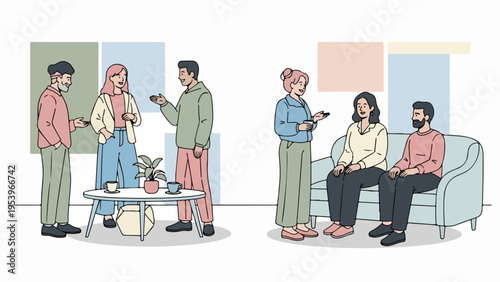 An illustration depicting diverse groups of people engaged in lively conversation and social interaction, fostering connection and collaboration in a contemporary, relaxed setting