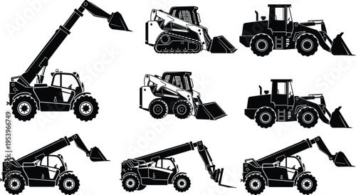 Heavy construction and industrial loader machinery silhouette set isolated illustration, including telehandler, skid steer, and front loader equipment for lifting and material handling
