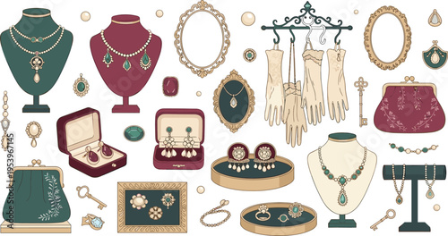 Vintage jewelry display collection with necklaces earrings rings brooches gloves mirrors and elegant accessories flat vector illustration set