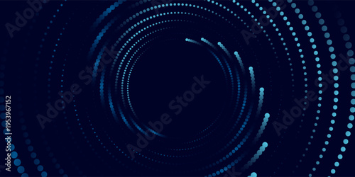 Abstract background with glowing blue hexagons in circular vortex pattern. Digital vector design with geometric hexagonal particles and light effect for sci-fi themes or modern UI backgrounds.