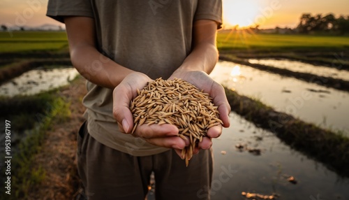 Farmer Holding Brown Rice Grains at Sunset in Rural Landscape
