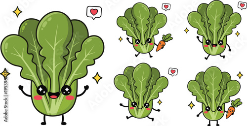 Cute lettuce character vector set with kawaii vegetable mascot smiling faces and playful cartoon food illustration