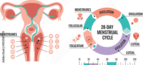 Menstrual cycle infographic vector with female reproductive system ovulation phases hormones and 28 day period education diagram