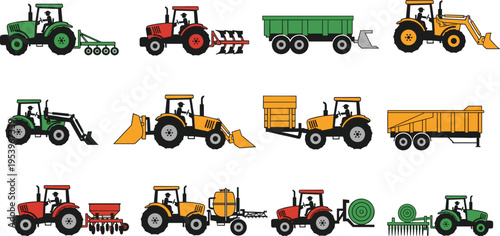 Set of agricultural tractors and farm machinery with trailers, plows, loaders and equipment, colorful vector illustration for farming industry, rural transport and agribusiness design