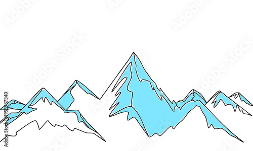 Minimalist continuous line art illustration of snow-capped mountain peaks with light blue fill, ideal for travel, adventure, hiking, and outdoor nature landscape design