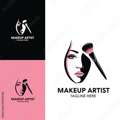 Stylish Vector Logo featuring Elegant Female Face and Cosmetic Brush for Beauty Services