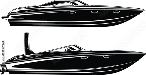 Luxury speed boat silhouettes set, modern powerboat side view vector icons, black fast yacht shapes for marine transport design, isolated.