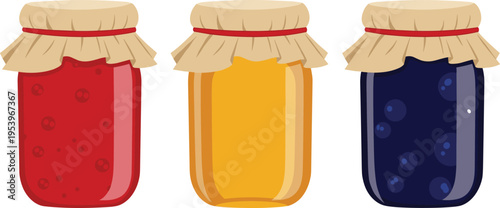 of colorful glass jars with homemade fruit jams and marmalade, sealed with cloth covers, sweet preserves illustration isolated on white background