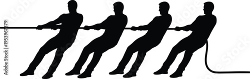 Tug of war team silhouette, four men pulling rope together, business competition concept, group strength, cooperation, sports victory, vector illustration.