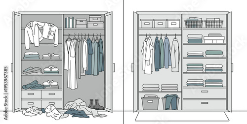Messy and organized wardrobe comparison vector illustration with clothes closet storage system and declutter concept design