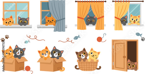 Adorable cartoon cats playing in boxes and peeking from windows with curtains, yarn balls, fish toys and cozy home interior vector set