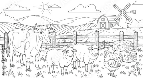 Farm scene with cow, sheep, and chicken in a rural setting coloring page