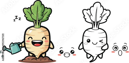 Adorable Radish Character with Watering Can and Sleepy Expression for Kids' Art, Vegetable Illustrations, and Fun Designs
