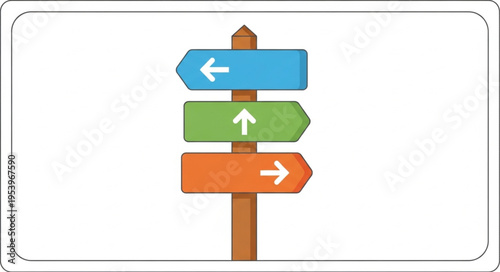 Directional Signpost with Arrows Pointing Left, Up, and Right on a Wooden Post.