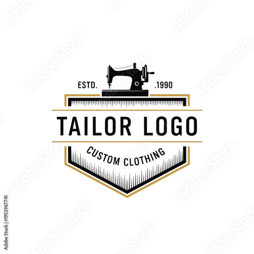 Retro custom clothing workshop logo featuring vintage sewing machine illustration