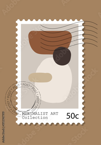Minimalist Art Postage Stamp Neutral Abstract Shapes Vector 