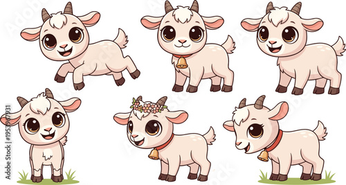 Adorable Baby Goat Character Set with Playful Poses, Bells, and Flower Crown for Kids' Art, Animal Illustrations, and Fun Designs